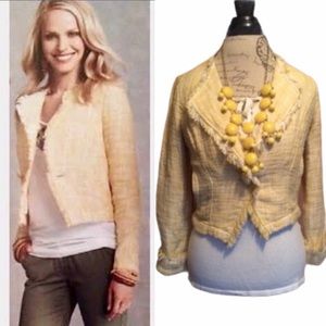 Cabi daisy yellow tweed fringe crop blazer…